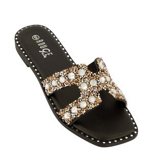 Rouge Helium Black and Gold Crystal Slide Sandals